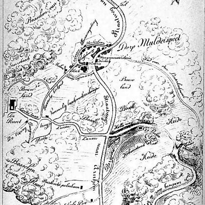Plattegrond van het fictieve dorp Mulderspeet. Uit de roman Anna Rooze, ca. 1867.