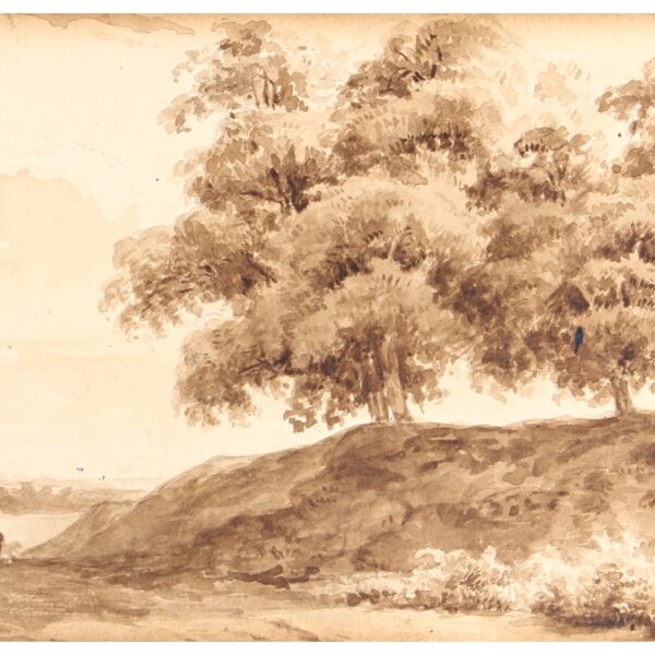 Drie personen op een bospad lopende naar de stad. 1855