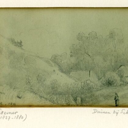 Duinen bij Schoorl met rechts een huisje en een figuur. Tekening 1854.