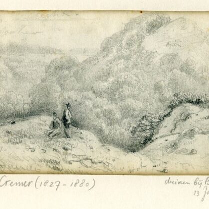 Duinen bij Bergen met midden links 2 figuren op een duin. Tekening 1854.