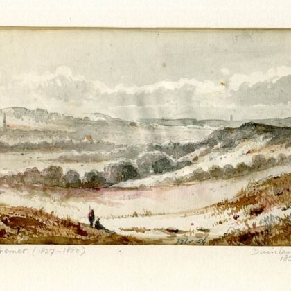 Duinlandschap met links en rechts aan de horizon een kerktoren. tekening 1854.