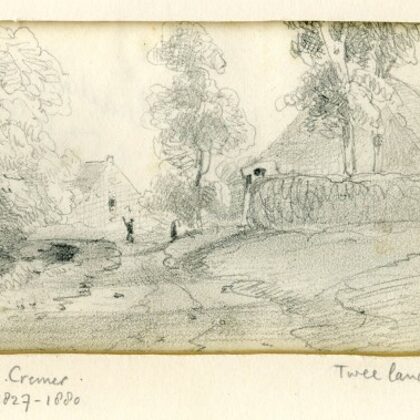 Landhuis rechts. Kleine schuur links. Midden 2 figuren. Tekening. 1854