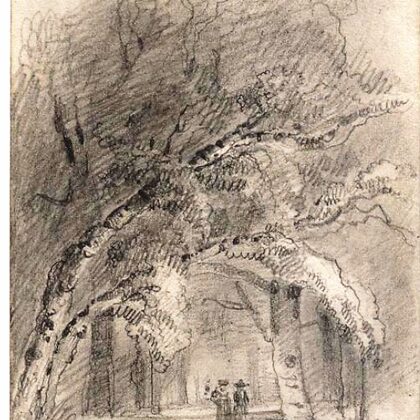 Twee figuren die wandelen in een bos. Ongedateerd.