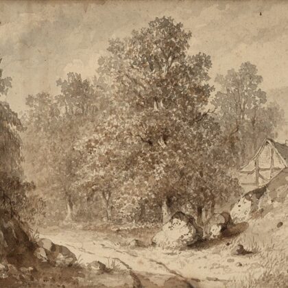 Weg langs een boerderij in een bergachtig landschap.
ca. 1848.