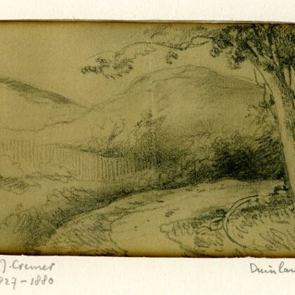 Duinlandschap met rechts bomen en zandweg. tekening gedateerd 1854.