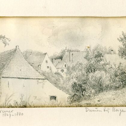 Vijf huizen nabij duinen in Bergen aan Zee. Tekening 1854.