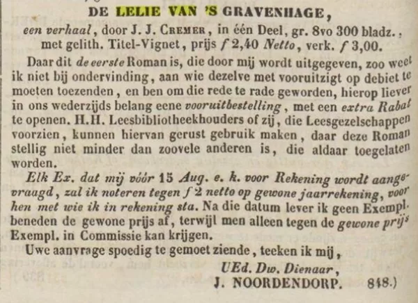 Nieuwsblad voor den boekhandel, 31 juli 1851.