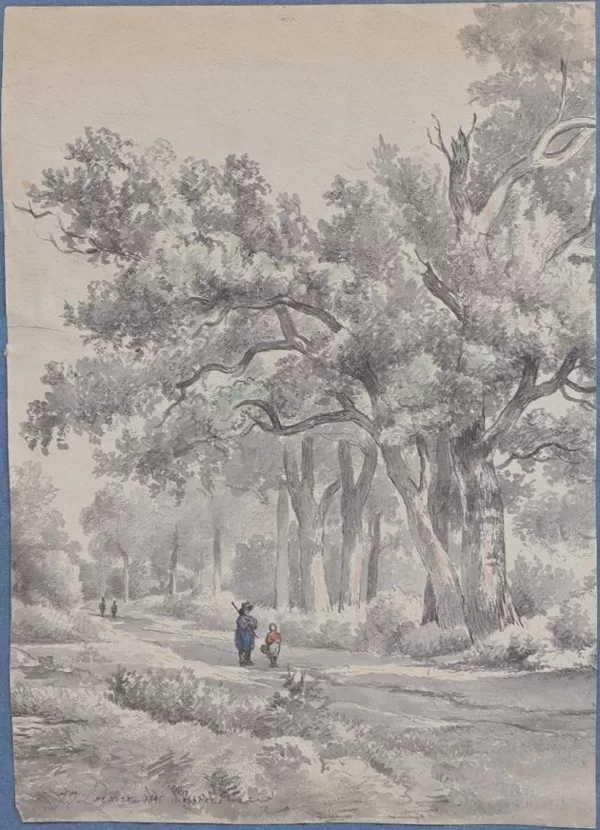 Wanderlaars op een pad met oude eiken. Gesigneerd met Wolfheze 1845