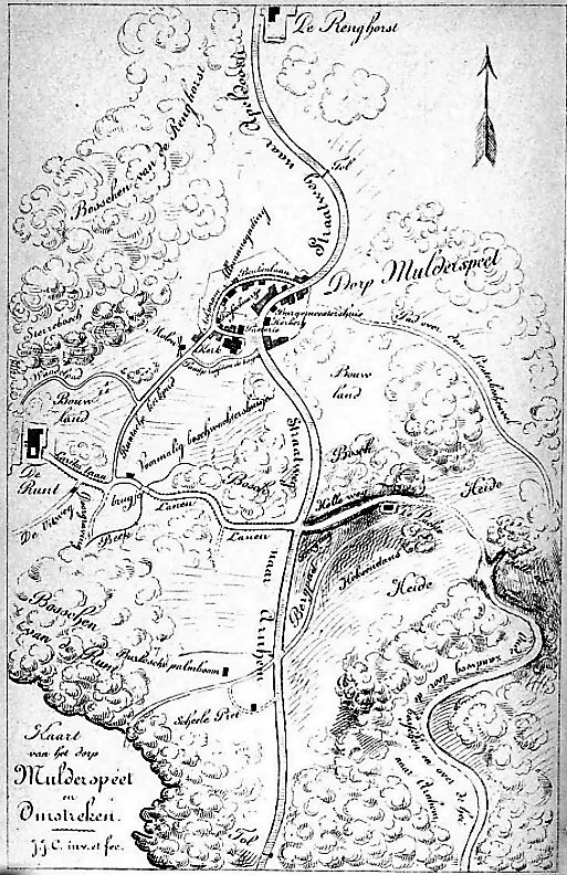 Plattegrond van het fictieve dorp Mulderspeet. Uit de roman Anna Rooze, ca. 1867.