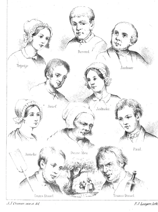 De Betuwsche novellen. Tekeningen van personages uit 1856.