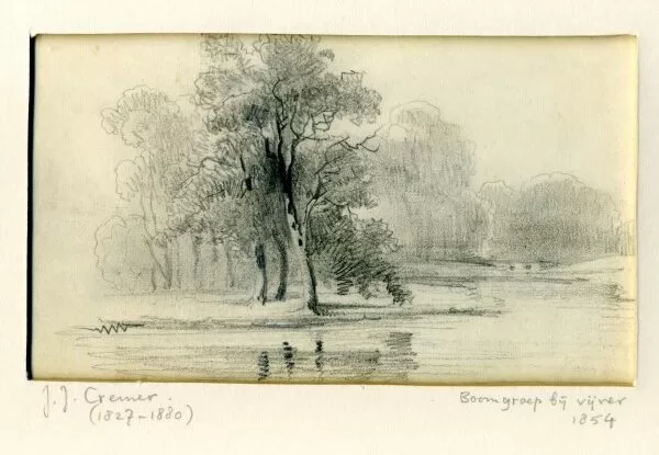 Boomgroep bij vijver. Tekening met datering 1854. 
