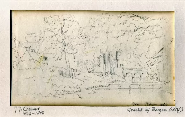Brug en gracht bij Oude hof in Bergen aan Zee. Tekening 1854.