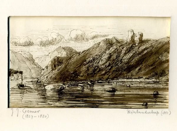 Drachenfels ruine. Rivierlandschap. tekening gedateerd 1851. Maar wrs 1853.