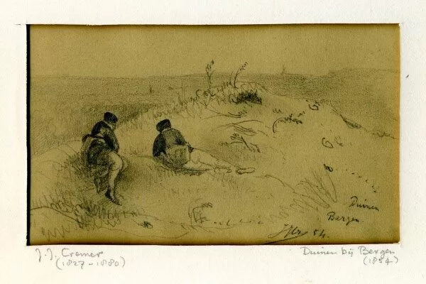Duinen bij Bergen met twee figuurtjes. Gedateerd 1854.