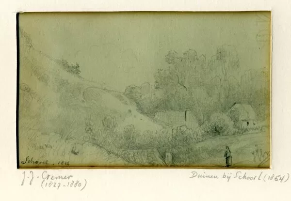 Duinen bij Schoorl met rechts een huisje en een figuur. Tekening 1854.