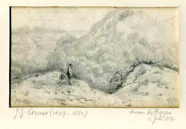 Duinen bij Bergen met midden links 2 figuren op een duin. Tekening 1854.