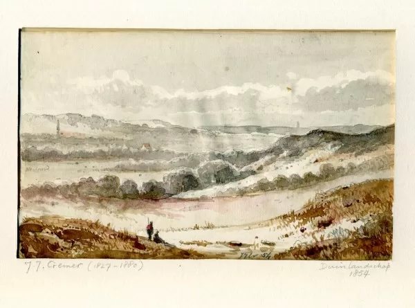 Duinlandschap met links en rechts aan de horizon een kerktoren. tekening 1854.