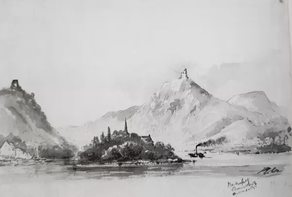 Gezicht op de Rijn met de Drachenfels. 1853