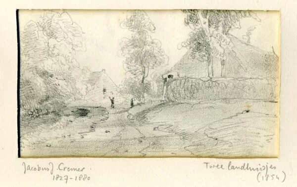 Landhuis rechts. Kleine schuur links. Midden 2 figuren. Tekening. 1854