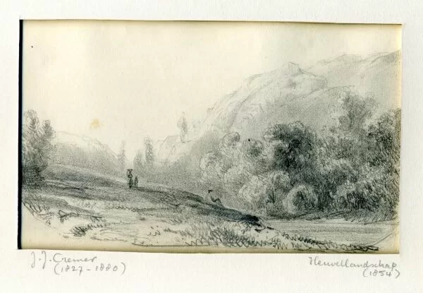 Heuvel landschap omgeving Bergen. Tekening 1854.
