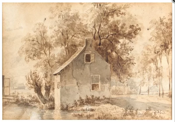 Huisje aan de beek. Tekening uit 1855.