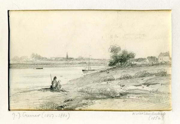Rivier met rechts twee figuren en een paar huizen. Tekening 1852.