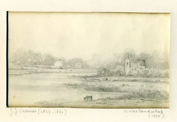 Rivierlandschap met rechts een kerkje. Tekening 1852