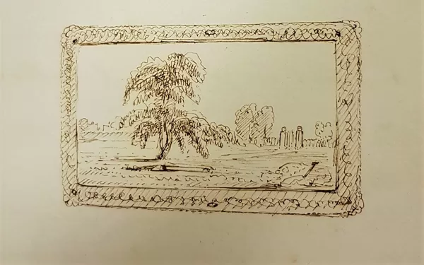 1853 Tekening van het schilderij dat Cremer maakte van het graf van mw. Verstege.