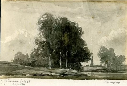 Boomgroep met kerk. Tekening met waterverf. 1854.
