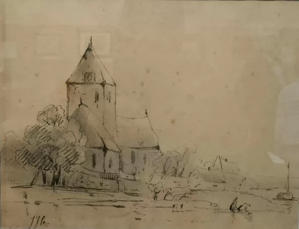 Kerk nabij een rivier. Niet gedateerd.
