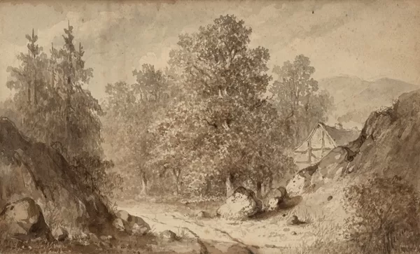Weg langs een boerderij in een bergachtig landschap.
ca. 1848.
