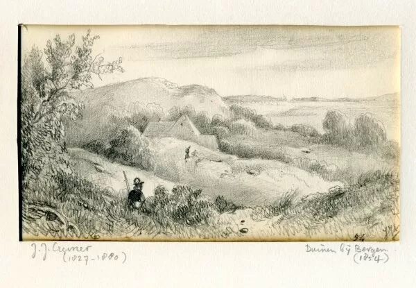 Duinen bij Bergem net drie figuren en en huisje. Tekening 1854.