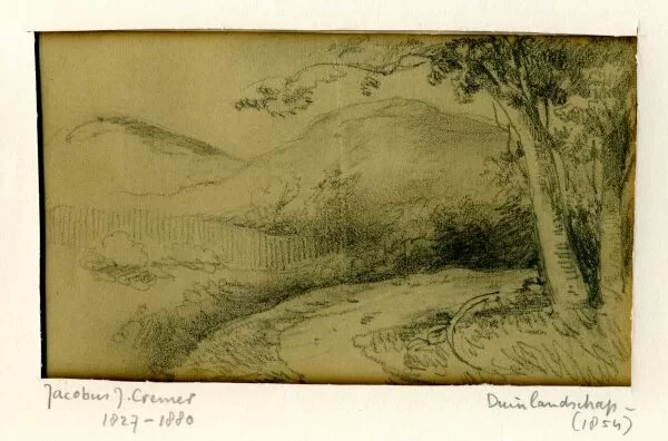 Duinlandschap met rechts bomen en zandweg. tekening gedateerd 1854.