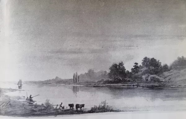 Rivierlandschap. Tekening ongedateerd.