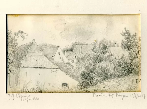 Vijf huizen nabij duinen in Bergen aan Zee. Tekening 1854.